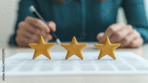 Three golden stars on a review form, with a person writing in the background.
