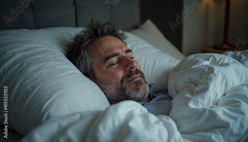 Asleep European middle aged man resting peacefully in comfortable bed, lying with closed eyes under blanket. Time to rest and nap concept