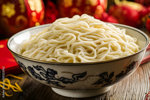 Explore the symbolic foods of Lunar New Year, featuring a bowl of noodles representing longevity and prosperity in a vibrant festive setting, ideal for cultural celebrations.