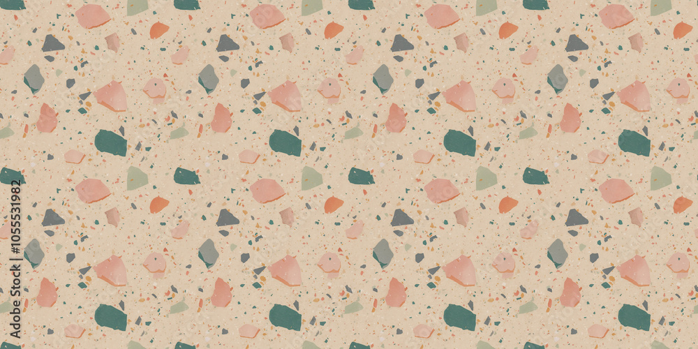 A terrazzo surface with pastel pink, teal, and gray fragments on a pale beige background A terrazzo surface with pastel pink, teal, and gray fragments on a pale beige background