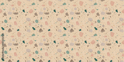 A terrazzo surface with pastel pink, teal, and gray fragments on a pale beige background