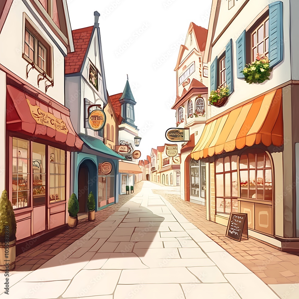 Naklejka premium A charming cartoon street lined with tall buildings, featuring shops and restaurants bustling with activity on a white background.