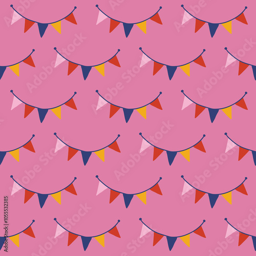 Seamless pattern with garlands on pink background. Perfect for birthday greetings, wallpaper, holiday wrapping paper, fabric. Vector illustration