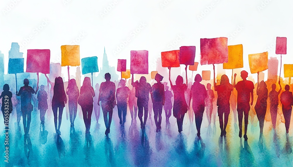 © Nattapat - Colorful watercolor scene of a youthled protest march, filled with signs for human rights, gender equality, and climate change awareness © Nattapat - Colorful watercolor scene of a youthled protest march, filled with signs for human rights, gender equality, and climate change awareness