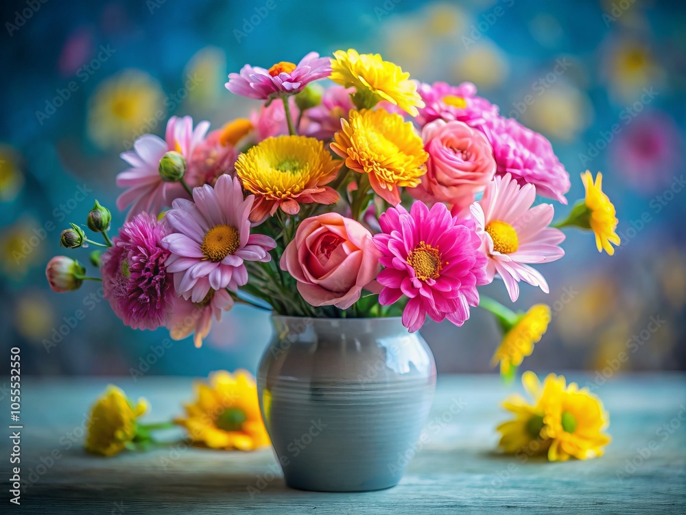 Vibrant Tilt-Shift Photography of Pink and Yellow Flowers in Gray Vase Against Pink and Blue Background for Floral Decor and Home Aesthetics Vibrant Tilt-Shift Photography of Pink and Yellow Flowers in Gray Vase Against Pink and Blue Background for Floral Decor and Home Aesthetics