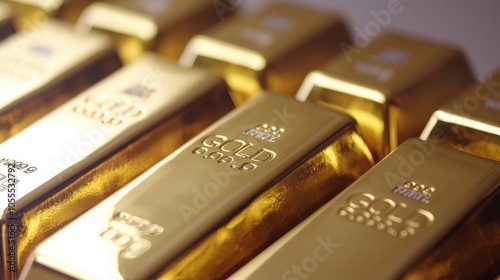 A close-up view of gleaming gold bars, showcasing their shiny surfaces and engravings, symbolizing wealth and luxury.