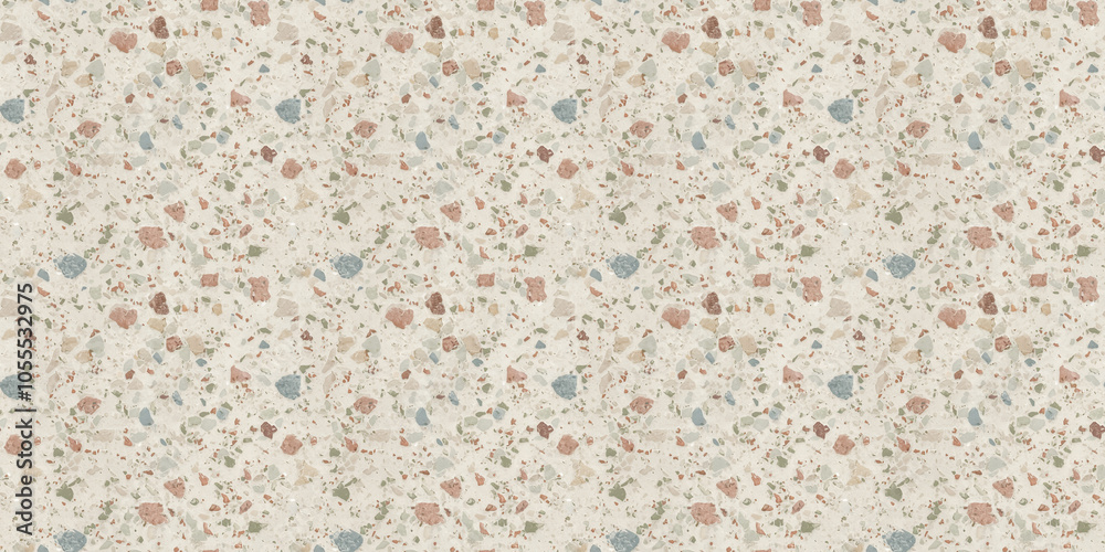 A terrazzo pattern on a soft white base, with small chips in muted pastel tones such as dusty rose, pale blue, and sage green A terrazzo pattern on a soft white base, with small chips in muted pastel tones such as dusty rose, pale blue, and sage green