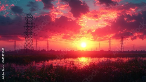 Silhouette of Power Lines and Towers Against a Vibrant Sunset Sky Over a Pond