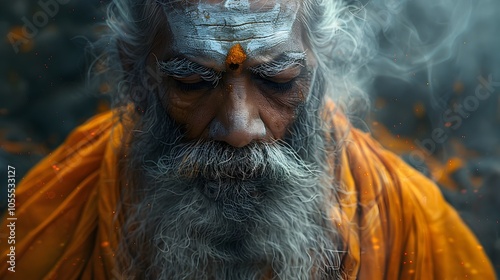 Weathered ascetic in deep meditation,draped in saffron robes,with a long beard and glowing aura,sitting in a secluded mountain cave with dramatic lighting and charcoal sketch with pastel accents. photo