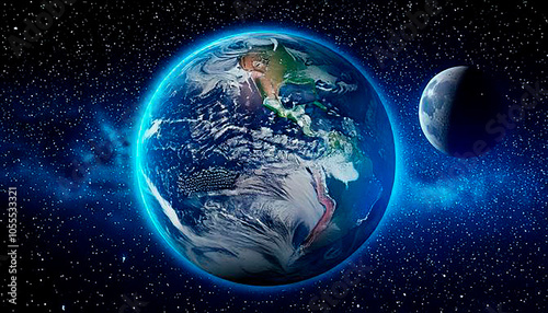 空の上から現実の地球を見ていて背景に月などの様々な星が浮いている