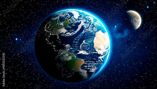 空の上から現実の地球を見ていて背景に月などの様々な星が浮いている