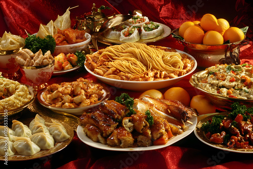 This image showcases a vibrant and festive display of traditional Chinese New Year dinner, featuring an array of delicacies and colorful dishes that celebrate family and togetherness.
