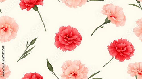 The image contains a pattern of pink and red carnations with green stems and leaves on a white background.