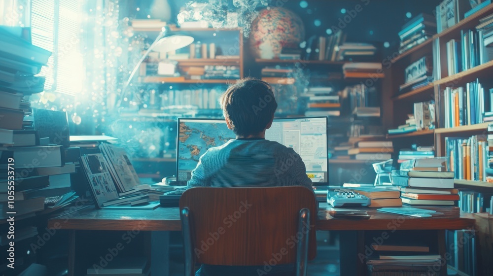 Boy studying with computer in cozy home office filled with books Boy studying with computer in cozy home office filled with books