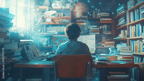 Boy studying with computer in cozy home office filled with books