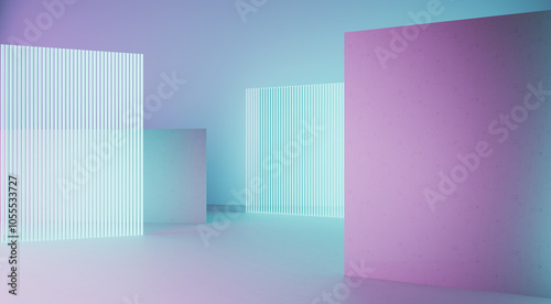 Fototapeta Naklejka Na Ścianę i Meble -  3d rendering of blue and purple neon glowing wall background. Scene for advertising, technology, showcase, banner, game, sport, cosmetic, business, metaverse. Sci-Fi Illustration. Product display