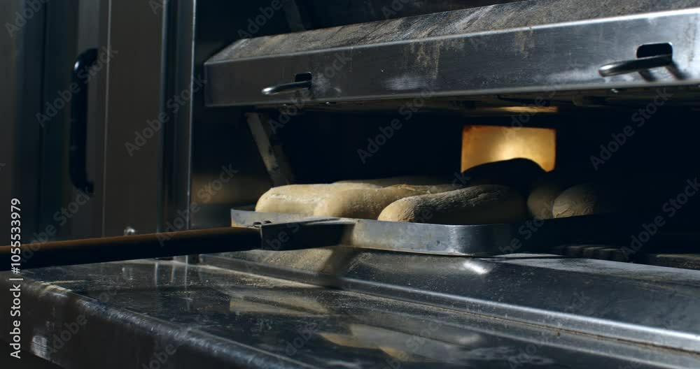 Super slow motion close up of artisan baker pulling warm fresh bread from oven in bakery at 1000 fps. The golden crust glistens as steam rises, creating an inviting atmosphere of warmth and aroma. Super slow motion close up of artisan baker pulling warm fresh bread from oven in bakery at 1000 fps. The golden crust glistens as steam rises, creating an inviting atmosphere of warmth and aroma.