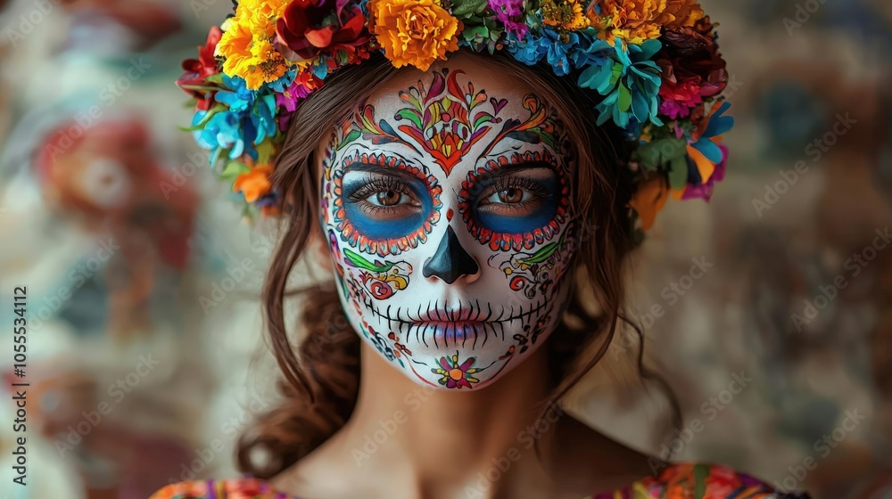 A woman in a floral crown and traditional attire celebrates Day of the Dead A woman in a floral crown and traditional attire celebrates Day of the Dead