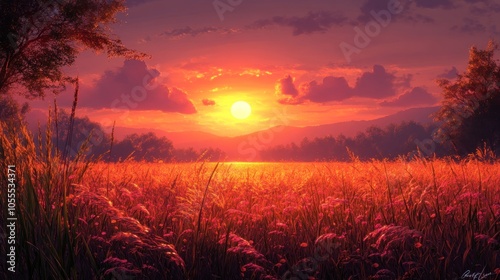 A Golden Sunset Over a Field of Tall Grass