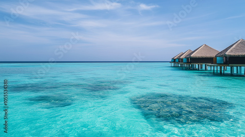 Tropical Overwater Bungalows on Turquoise Lagoon with Coral Reefs and Clear Blue Sky