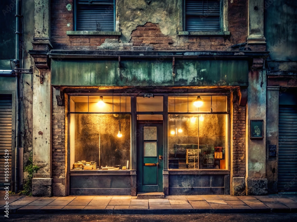 Weathered Glass-Door Storefront with Bright Signage in Vintage Nostalgic Atmosphere, Panoramic Photography of Traditional and Modern Elements Under Dim Lighting Weathered Glass-Door Storefront with Bright Signage in Vintage Nostalgic Atmosphere, Panoramic Photography of Traditional and Modern Elements Under Dim Lighting