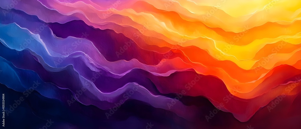 A vibrant abstract painting featuring flowing waves of color, blending from deep purples to bright oranges and yellows, evoking a sense of movement and tranquility. A vibrant abstract painting featuring flowing waves of color, blending from deep purples to bright oranges and yellows, evoking a sense of movement and tranquility.