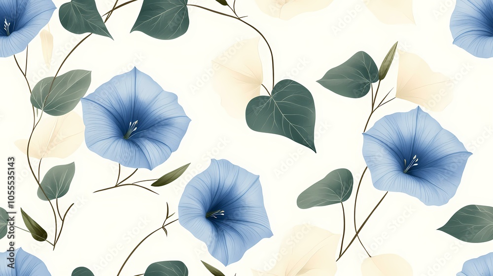 The image contains a seamless pattern of blue flowers and green leaves, with some pale flowers in the background. The image contains a seamless pattern of blue flowers and green leaves, with some pale flowers in the background.