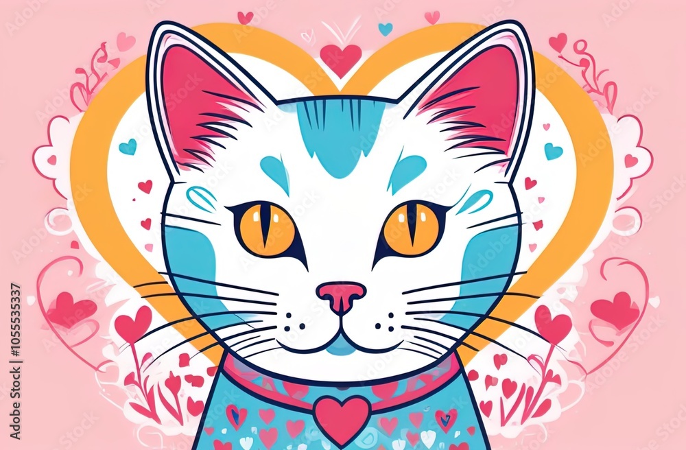A vibrant and stylized illustration of a cat with striking yellow eyes and a heart-shaped background, surrounded by playful hearts and flourishes, creating a charming and affectionate atmosphere. A vibrant and stylized illustration of a cat with striking yellow eyes and a heart-shaped background, surrounded by playful hearts and flourishes, creating a charming and affectionate atmosphere.