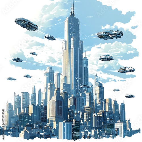 A cartoon city skyline featuring a futuristic skyscraper, with flying cars zipping around against a bright blue sky on a white background. photo