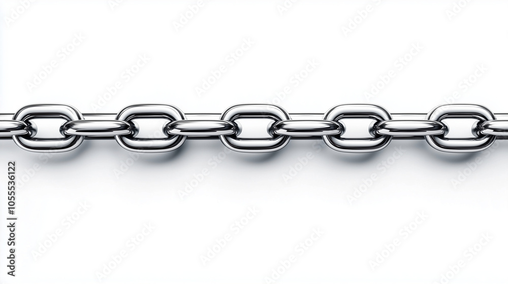 Fototapeta premium Simple minimalist illustration of shiny straight metal chain isolated on white background with empty space