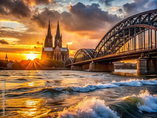 Stunning Cologne City Portrait at Sunset with Waves, Cathedral and Bridge in Background for Skyline Poster and Postcard