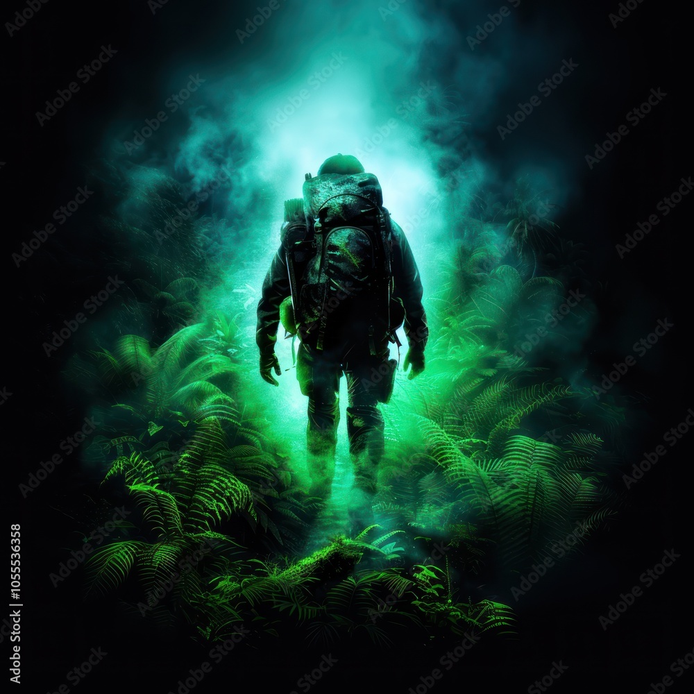 Fototapeta premium A lone figure in a dark, misty environment, surrounded by glowing green foliage, creates a mysterious and adventurous atmosphere.
