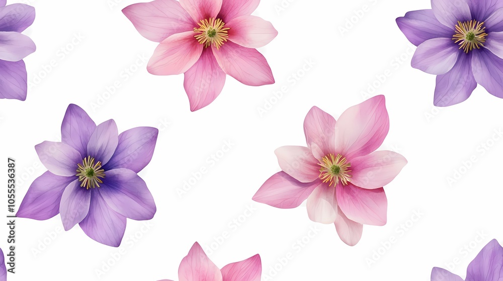 The image shows a pattern of pink and purple flowers with white background. The image shows a pattern of pink and purple flowers with white background.