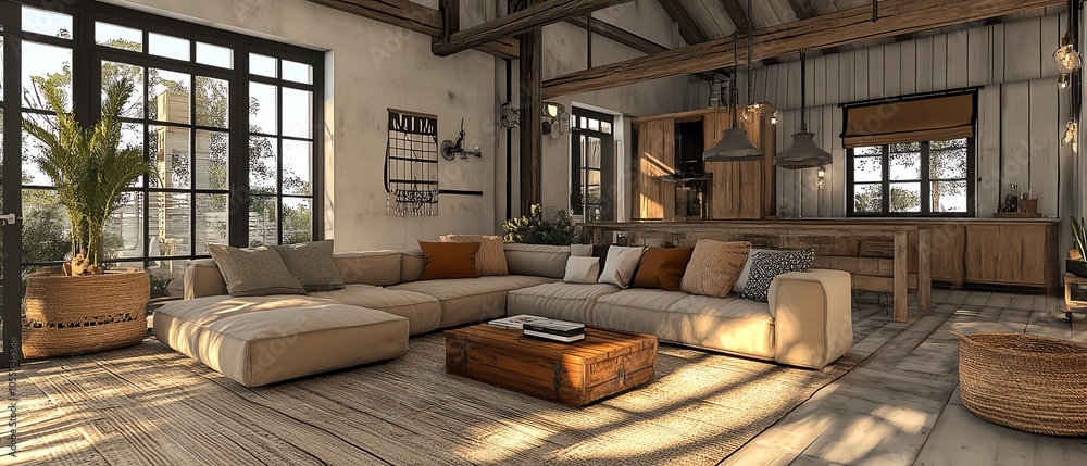 Cozy industrial living room design with an open floor plan, exposed pipes, and a mix of modern and vintage furniture for a stylish retreat Cozy industrial living room design with an open floor plan, exposed pipes, and a mix of modern and vintage furniture for a stylish retreat