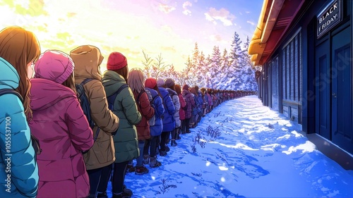 People waiting in line during the Black Friday rush, surrounded by a snowy landscape and trees. photo