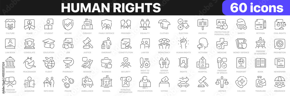 Human rights line icons collection. Secure, election, law, education, democracy, medicine icons. UI icon set. Thin outline icons pack. Vector illustration EPS10