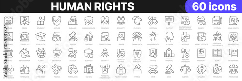 Human rights line icons collection. Secure, election, law, education, democracy, medicine icons. UI icon set. Thin outline icons pack. Vector illustration EPS10