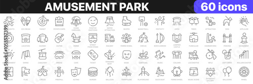 Amusement park line icons collection. Carousel, circus, swing, cafe, stadium, playground icons. UI icon set. Thin outline icons pack. Vector illustration EPS10