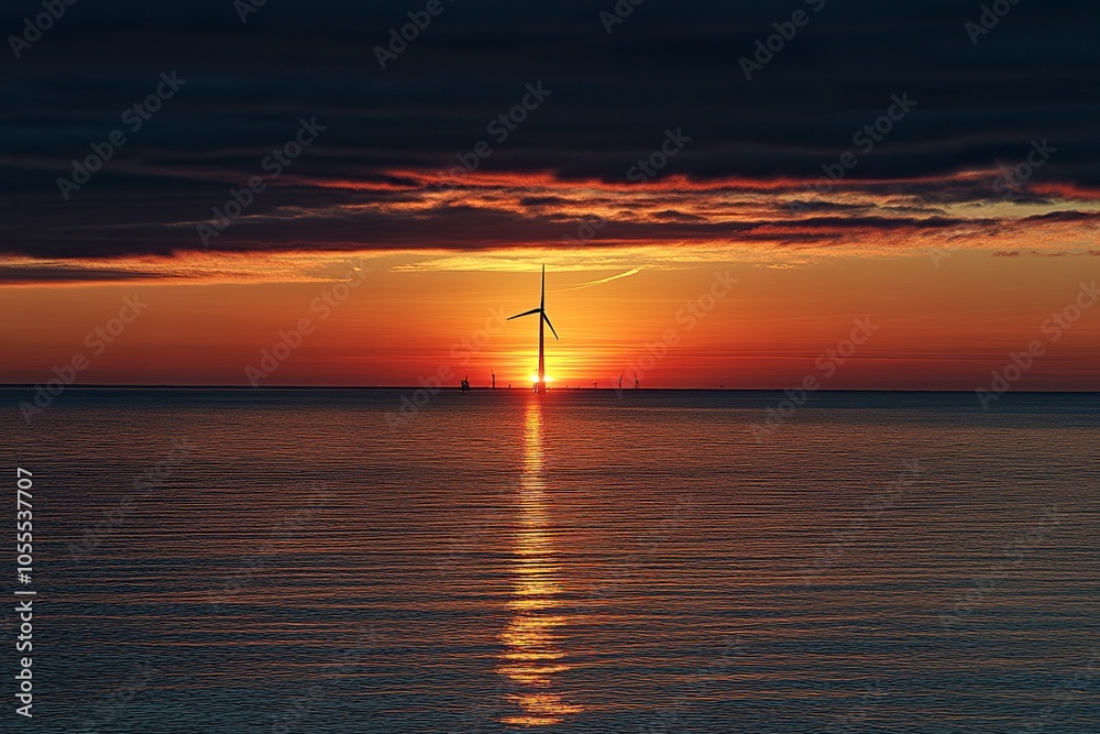 Offshore Wind Turbine in a Windfarm under construction off the England Coast at sunset.Generative ai Offshore Wind Turbine in a Windfarm under construction off the England Coast at sunset.Generative ai