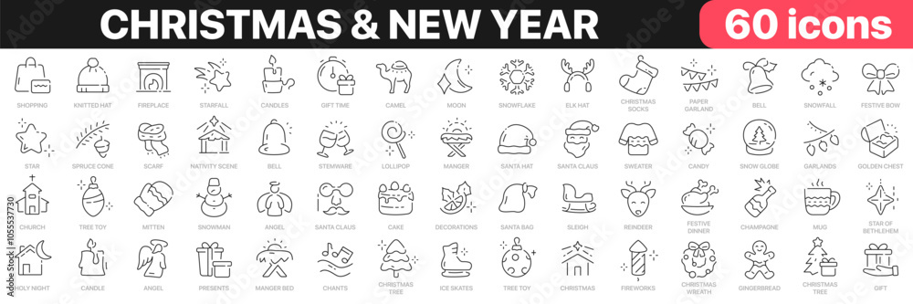 Obraz premium Christmas and New Year line icons collection. Holiday, angel, snowman, Santa, reindeer, manger bed icons. UI icon set. Thin outline icons pack. Vector illustration EPS10