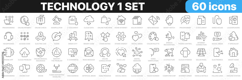 Technology 1 set line icons collection. Information technology, internet, devices, science progress, server icons. UI icon set. Thin outline icons pack. Vector illustration EPS10 Technology 1 set line icons collection. Information technology, internet, devices, science progress, server icons. UI icon set. Thin outline icons pack. Vector illustration EPS10