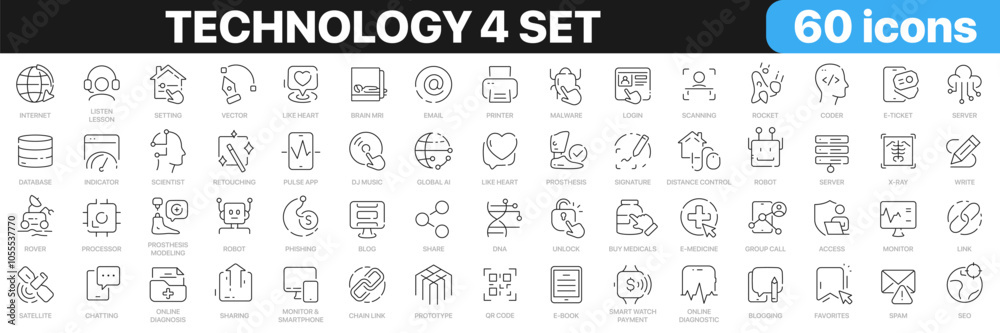 Technology 4 set line icons collection. Information technology, internet, devices, science progress, server icons. UI icon set. Thin outline icons pack. Vector illustration EPS10 Technology 4 set line icons collection. Information technology, internet, devices, science progress, server icons. UI icon set. Thin outline icons pack. Vector illustration EPS10