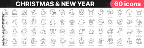 Christmas and New Year line icons collection. Holiday, angel, snowman, Santa, reindeer, manger bed icons. UI icon set. Thin outline icons pack. Vector illustration EPS10