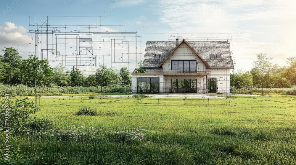 A house design project situated in a wide, green meadow, with blueprints outlining the construction in a natural setting. A house design project situated in a wide, green meadow, with blueprints outlining the construction in a natural setting.