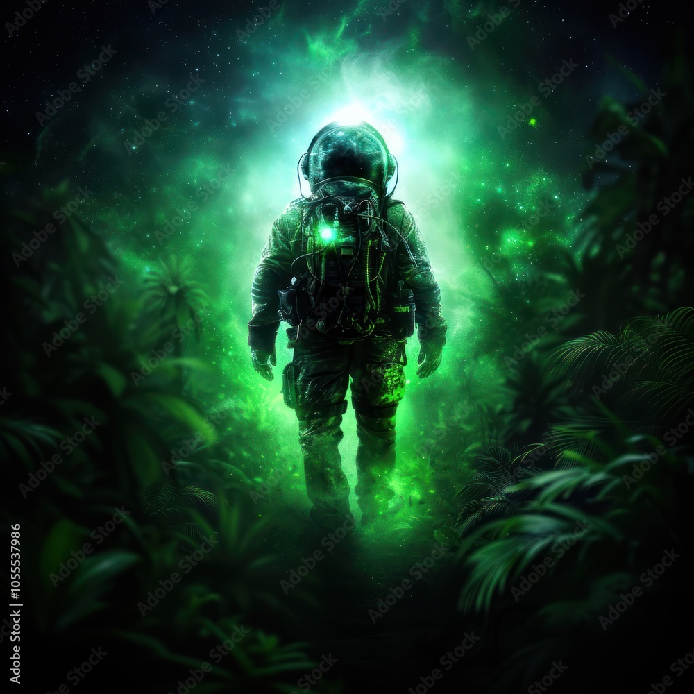 A glowing astronaut navigates through a mysterious, lush environment, illuminated by vibrant green light, creating an otherworldly atmosphere.