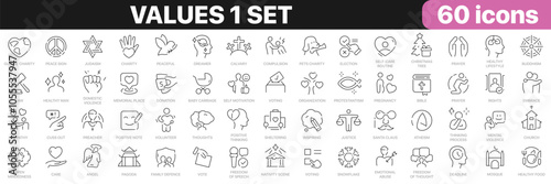 Values 1 set line icons collection. Religion, charity, relationship, justice, family, care icons. UI icon set. Thin outline icons pack. Vector illustration EPS10