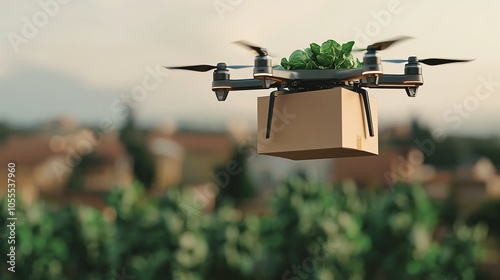 A sleek drone delivering a package of fresh produce to a rooftop, vibrant daylight, highangle shot photo