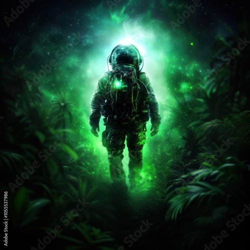 Obraz na płótnie A glowing astronaut navigates through a mysterious, lush environment, illuminated by vibrant green light, creating an otherworldly atmosphere. w salonie