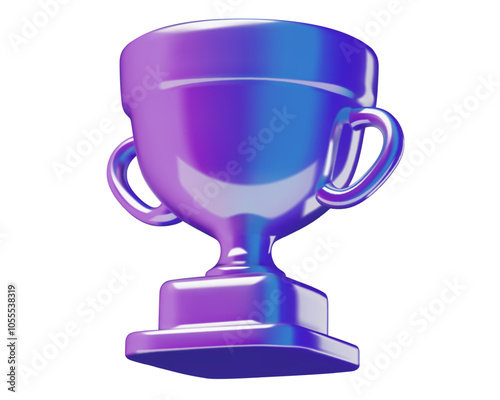Holographic trophy 3D icon. Purple and blue neon winner prize or award symbol vector illustration isolated on white.