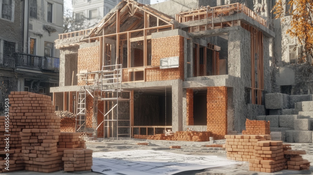 A house under construction with bricks stacked and blueprints laid out, capturing the essence of a building project in progress. A house under construction with bricks stacked and blueprints laid out, capturing the essence of a building project in progress.